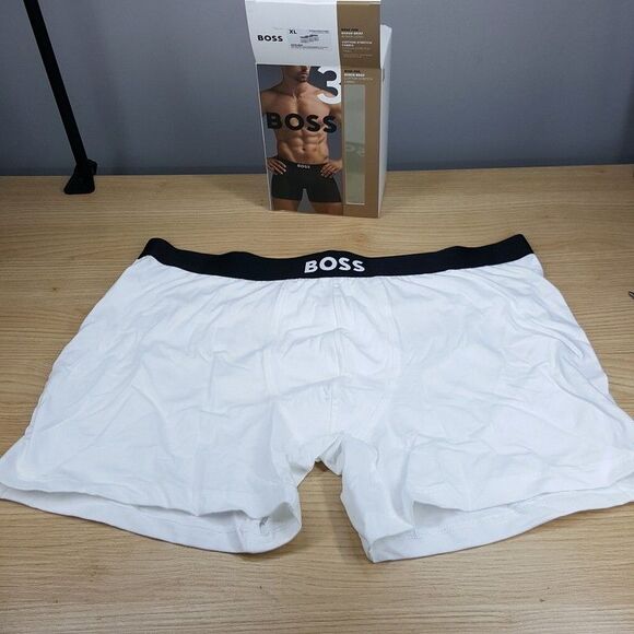 HUGO BOSS Mens Boxer Briefs XL White Long Leg Tag Free Cotton Stretch Logo - Picture 1 of 6